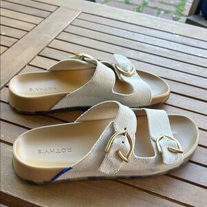Rothy's Beige Canvas Double-Buckle Slide Sandals with Gold Buckles